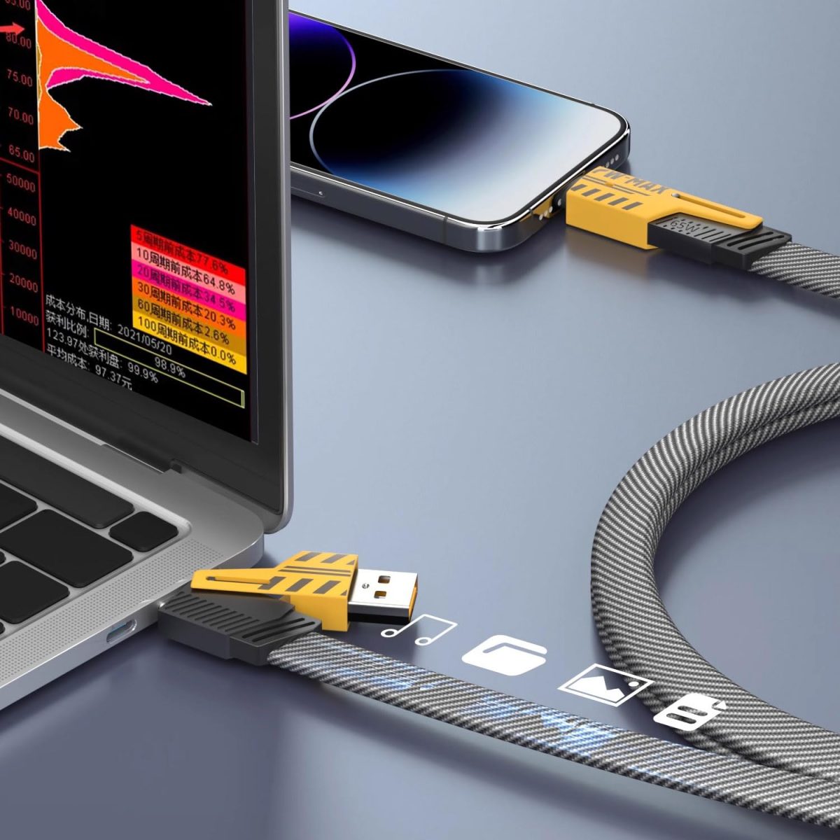 ⁦كابل شاحن USB متعدد 15 سم، شحن سريع 65 واط 3 في 1  (Lightning, Type-C & Micro USB)⁩ - الصورة ⁦3⁩